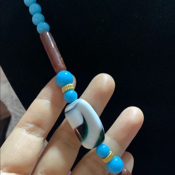 Blue and Gold Necklace with Turquoise Beads and Decorative Elements - Picture 3 of 11